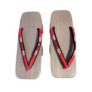 Japanese Wooden Clog Geta House‎ Slipper Thong Traditional Vinyl Velvet Red